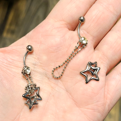 Surgical Steel 14 Gauge Belly Ring with CZ Double Star Chain Dangle - photo 7
