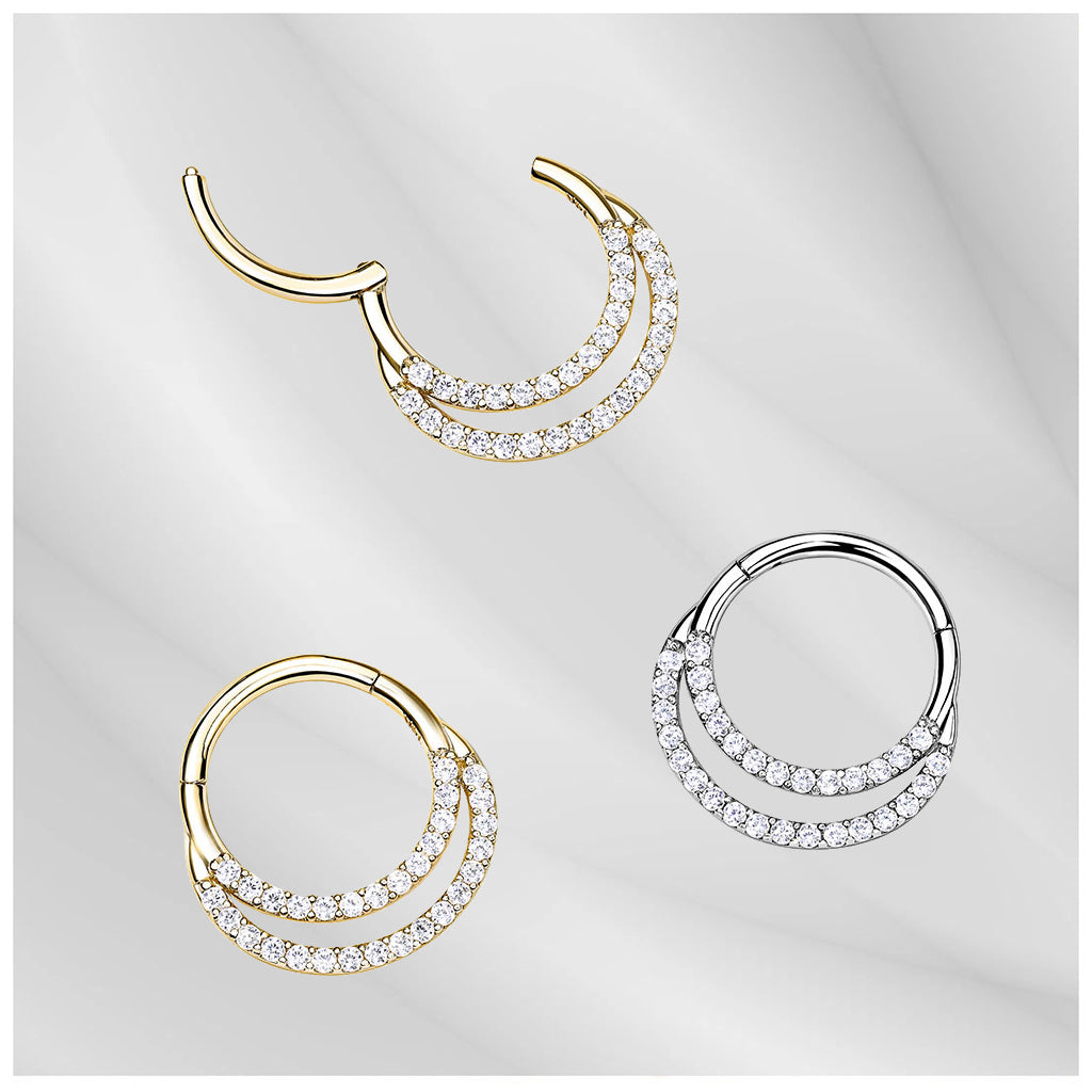 14K Solid Gold Hinged Segment Hoop Front Facing Double Line CZ