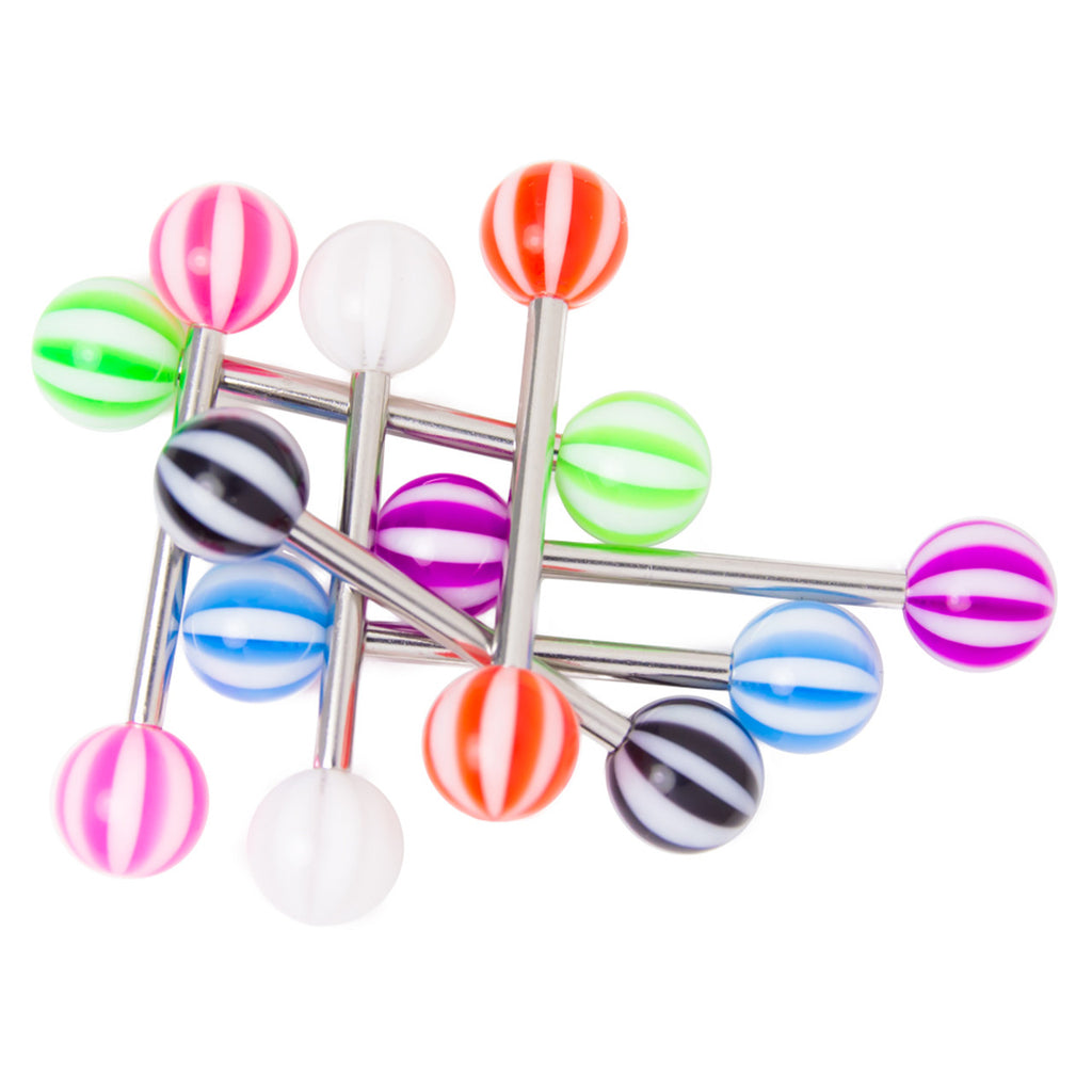 Surgical Steel Tongue Ring Straight Barbell 14 Gauge Acrylic - 7 Pack - Kruelty