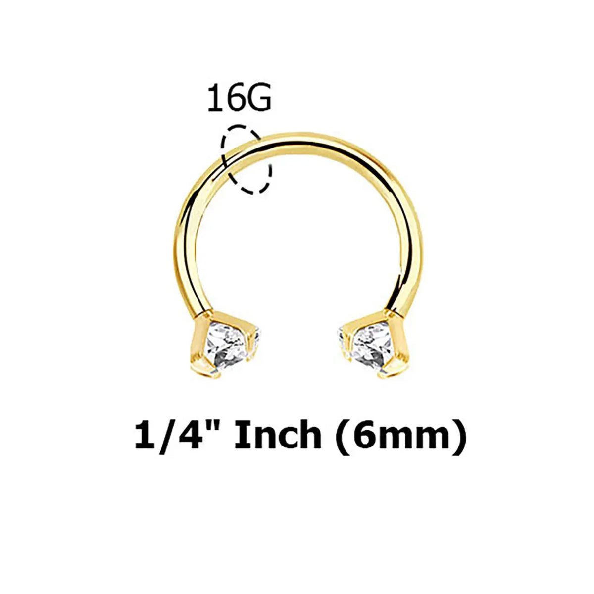14 Karat Solid Gold Horseshoe Circular Barbell 16 Gauge Prong Set Gem - Kruelty - Photo 6
