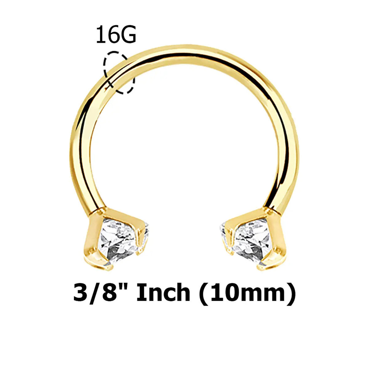 14 Karat Solid Gold Horseshoe Circular Barbell 16 Gauge Prong Set Gem - Kruelty - Photo 8