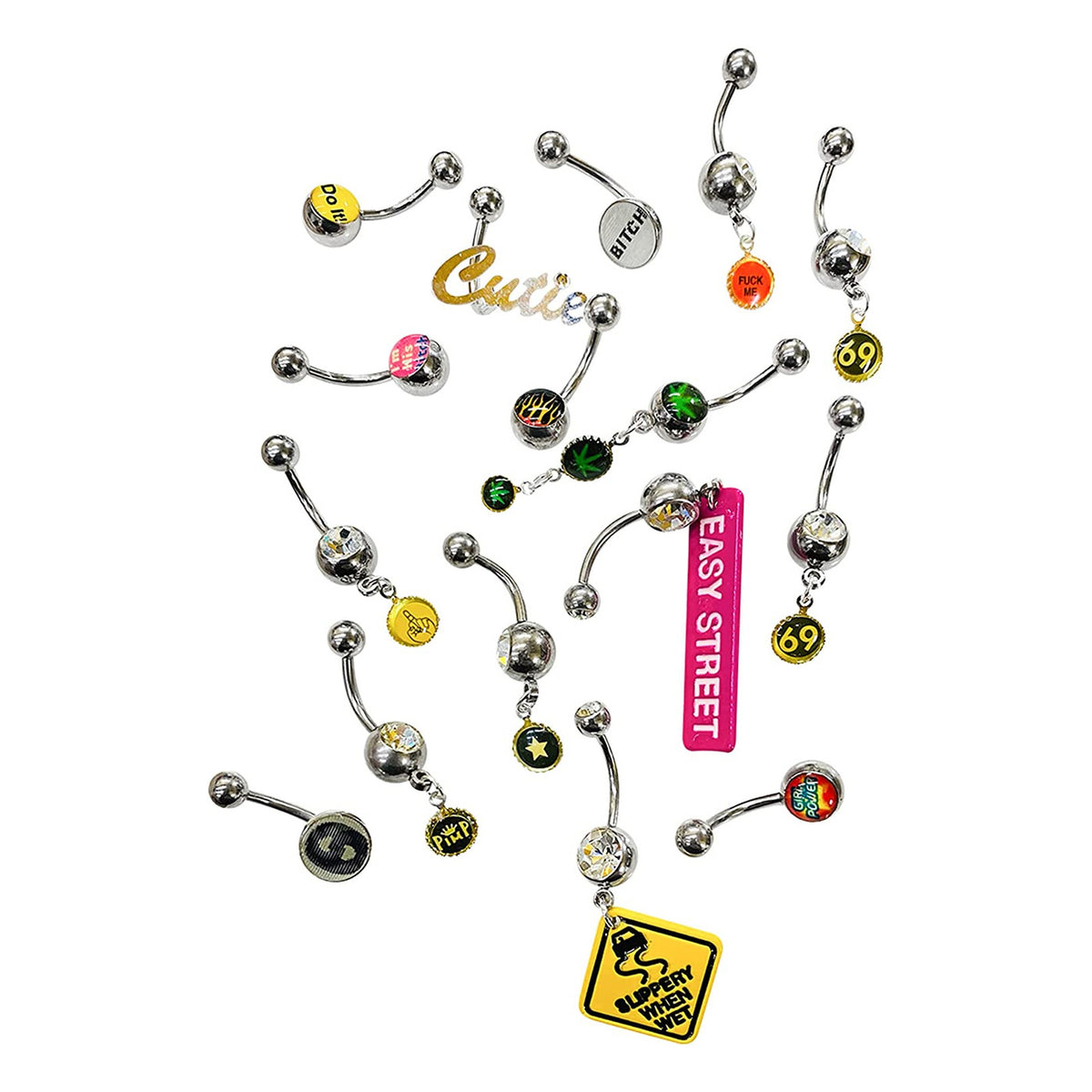 Surgical Steel Belly Button Ring 14 Gauge Naughty Charm Kit - 10 Pack - Kruelty
