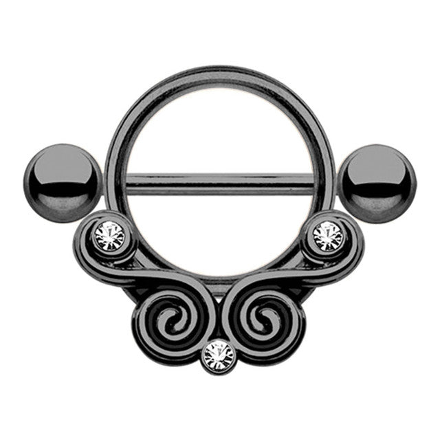 Surgical Steel Nipple Ring Barbell Shield 14 Gauge & Gem Lace Swirls - Kruelty - Photo 3