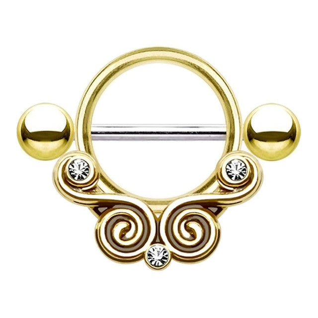 Surgical Steel Nipple Ring Barbell Shield 14 Gauge & Gem Lace Swirls - Kruelty - Photo 5
