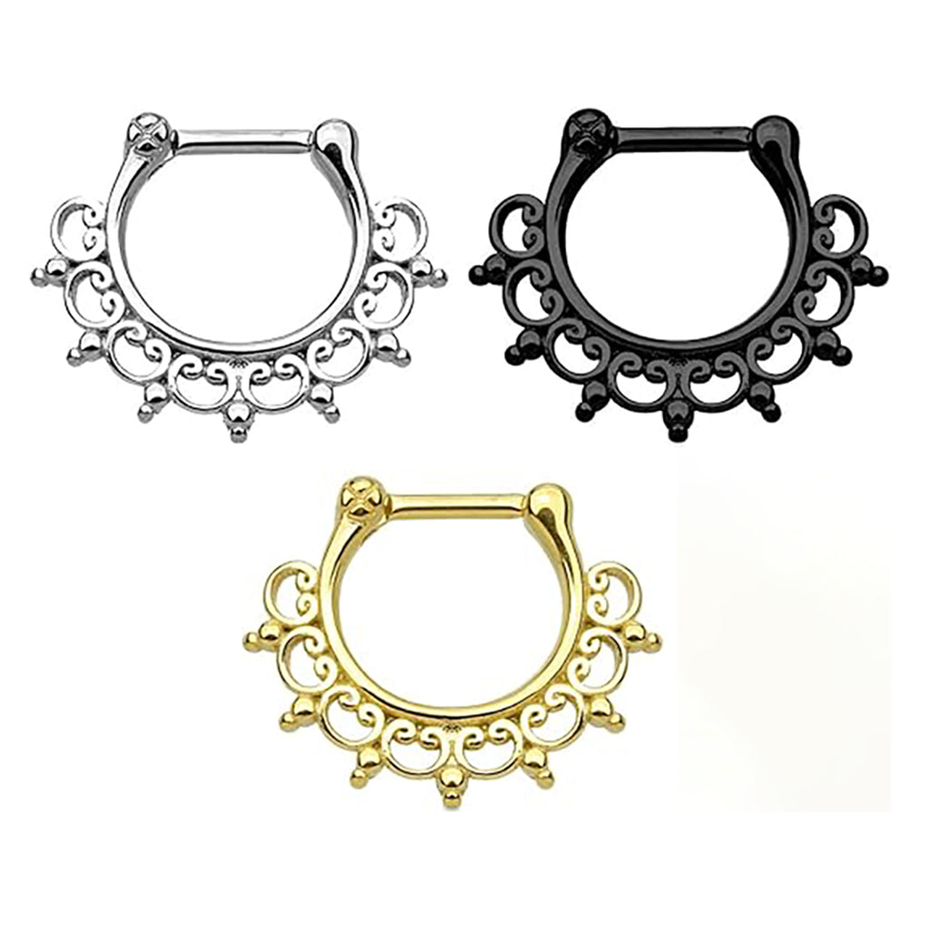 Surgical Steel Hinged Septum Clicker Ring 16 Gauge & Lace Tribal Fan - Kruelty