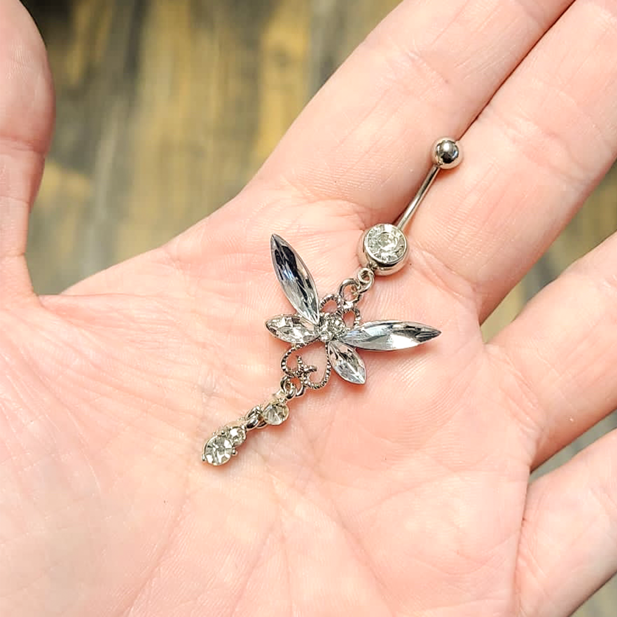Surgical Steel 14 Gauge Belly Ring with Large CZ Dragonfly Dangle - photo 6