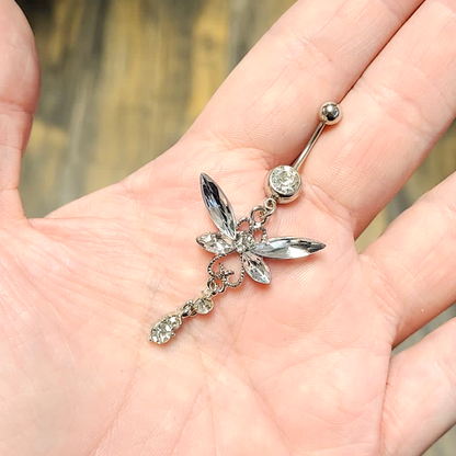 Surgical Steel 14 Gauge Belly Ring with Large CZ Dragonfly Dangle - photo 6