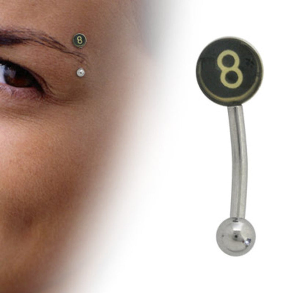 Surgical Steel 16 Gauge Curved Eyebrow Barbell with 8 Ball Logo - 8mm