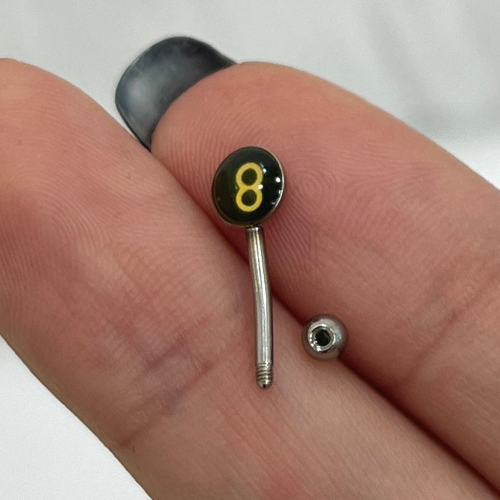Surgical Steel 16 Gauge Curved Eyebrow Barbell with 8 Ball Logo - 8mm - photo 3
