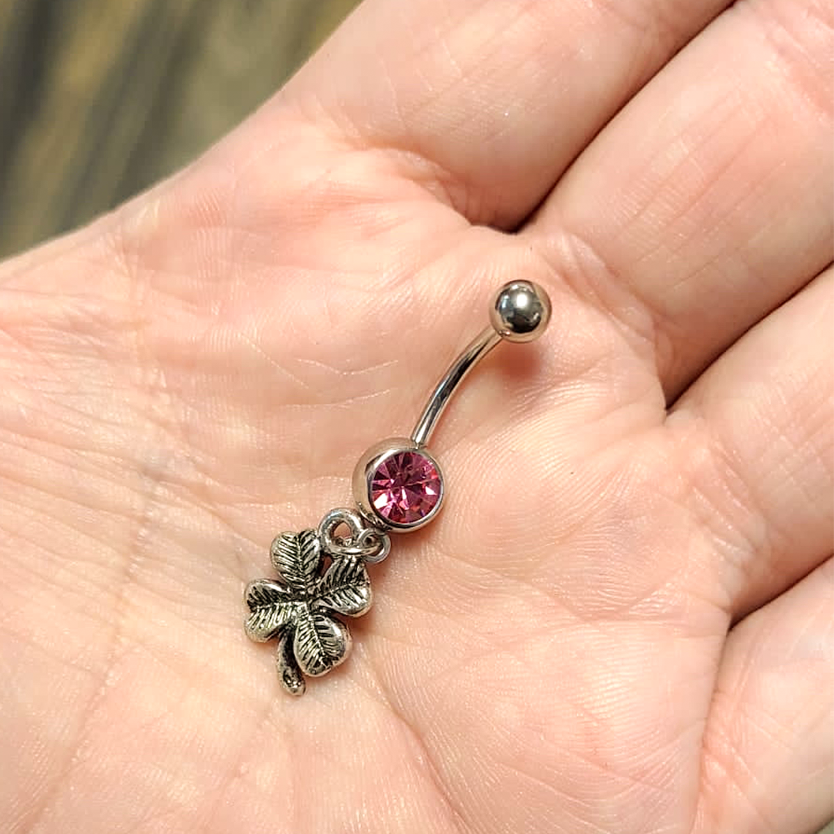 Surgical Steel 14 Gauge Belly Ring with CZ Four Leaf Clover Dangle - photo 8