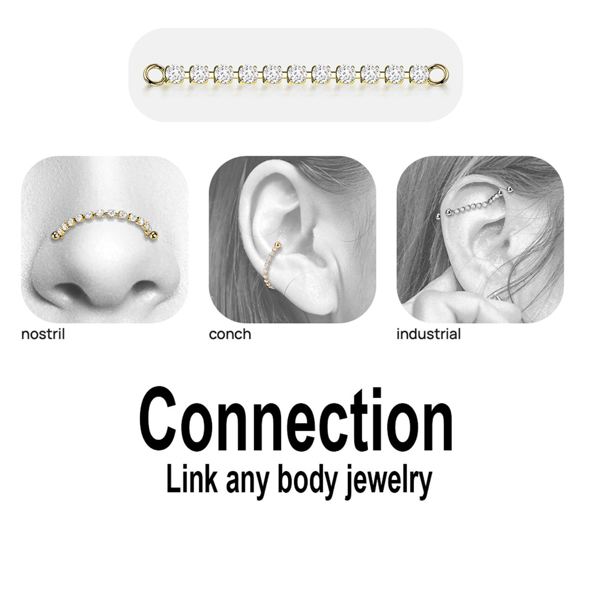 Surgical Steel Nose & Ear Link Bridge Connector Chain CZ Gems - Kruelty - Photo 7