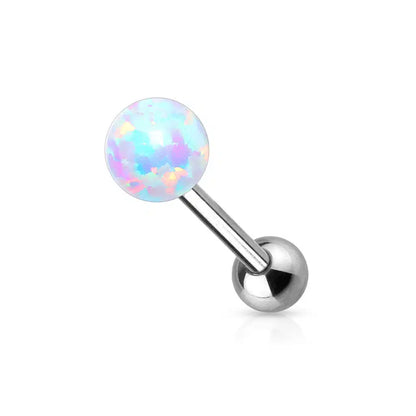 Surgical Steel Tongue Ring Straight Barbell 14 Gauge With Opal Gem