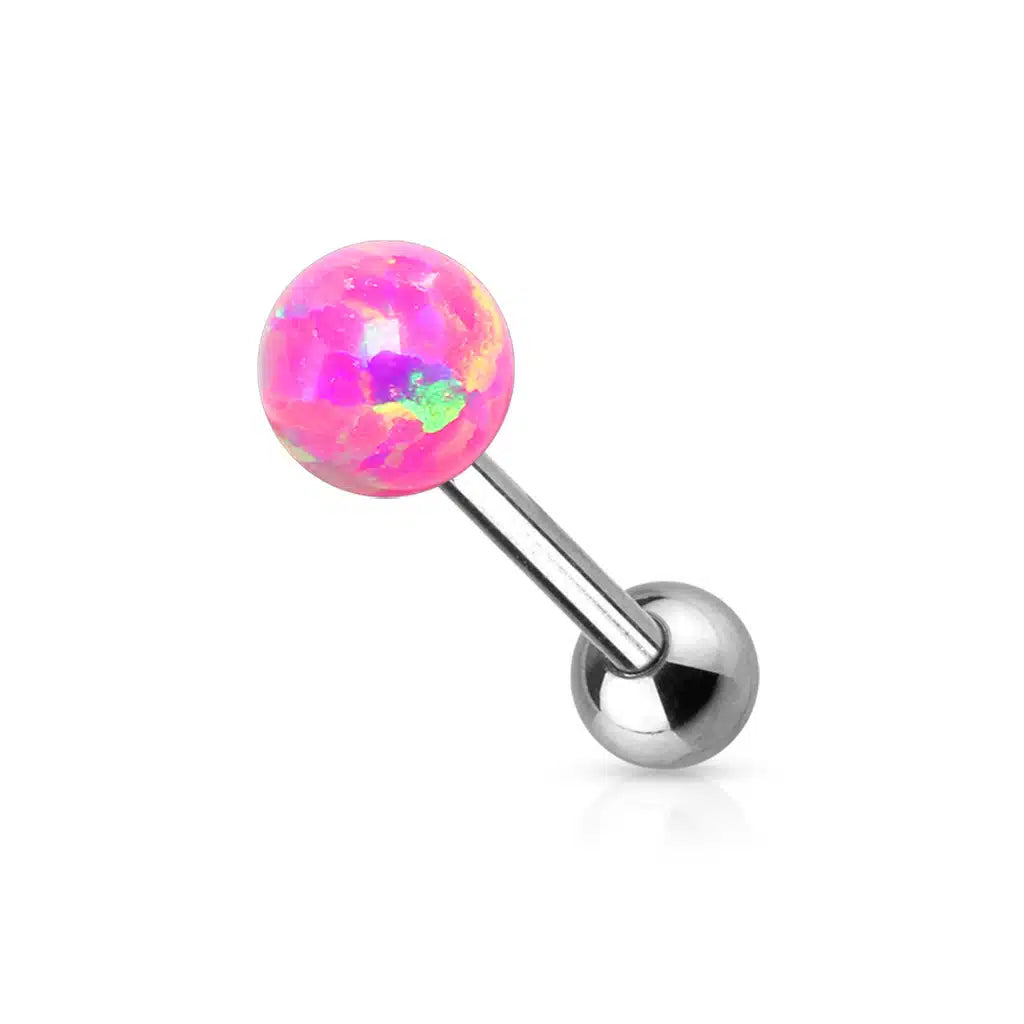 Surgical Steel Tongue Ring Straight Barbell 14 Gauge With Opal Gem