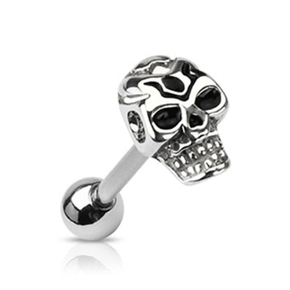 Surgical Steel Tongue Ring Straight Barbell 14 Gauge With Death Skull