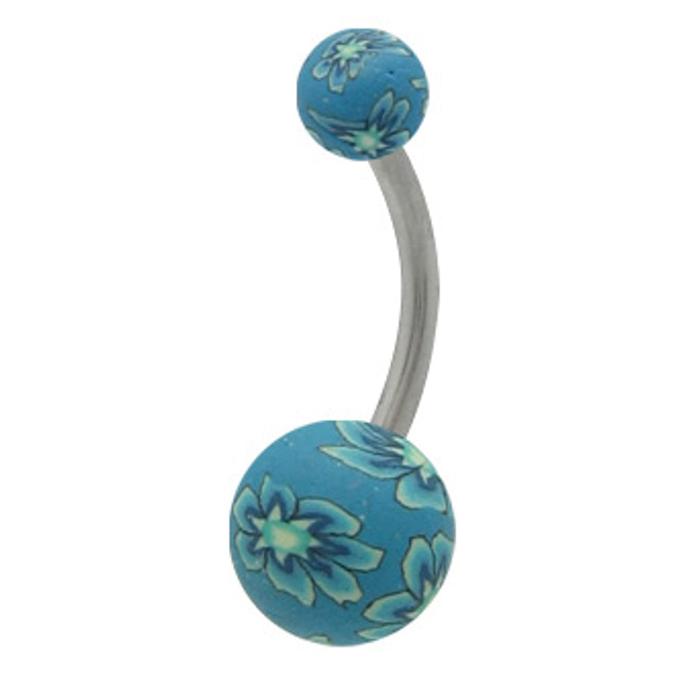 Surgical Steel 14 Gauge Belly Ring with Blue Flower Silicone Ball