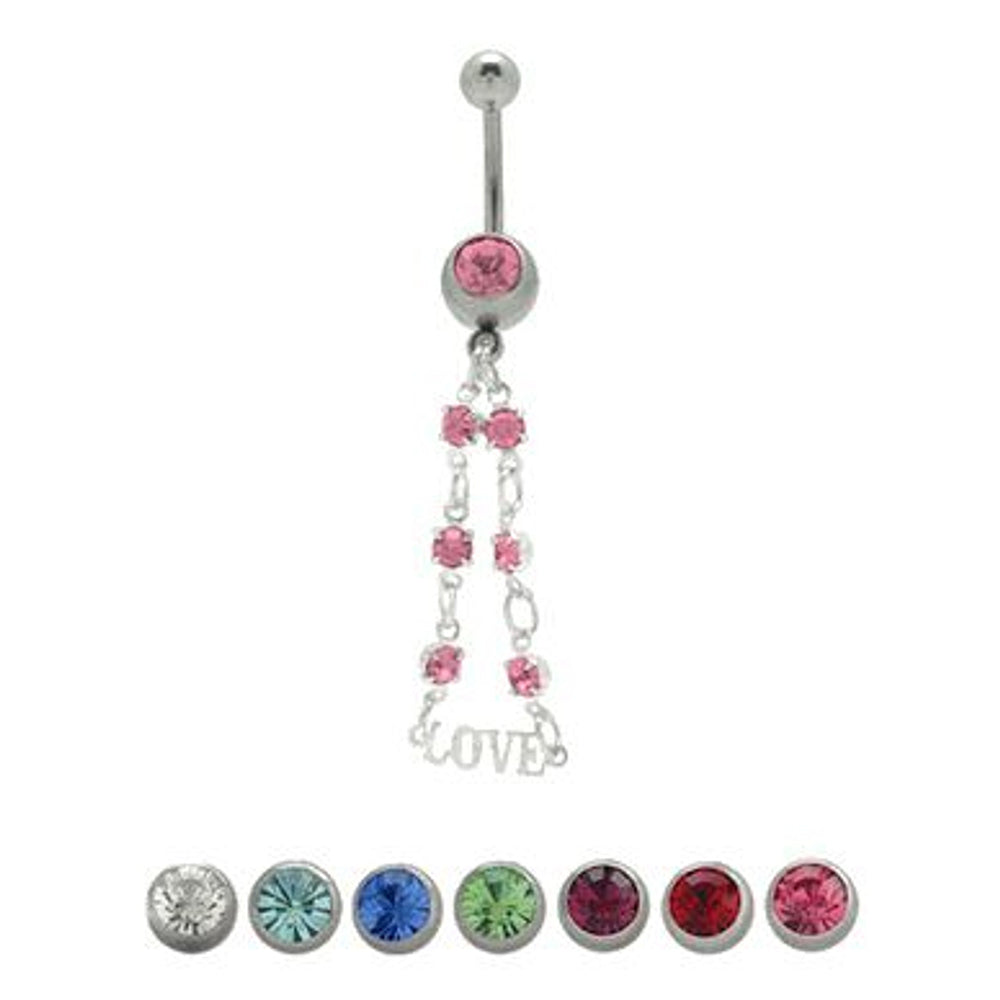 Surgical Steel 14 Gauge Belly Ring with Dangle LOVE CZ