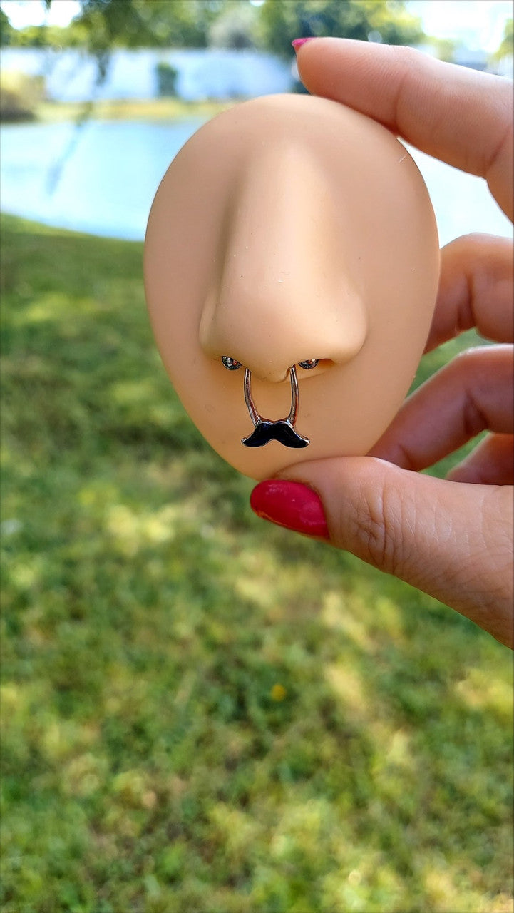 Surgical Steel Straight Barbell Septum Ring 16 Gauge & Dangle Mustache - Kruelty - Photo 2