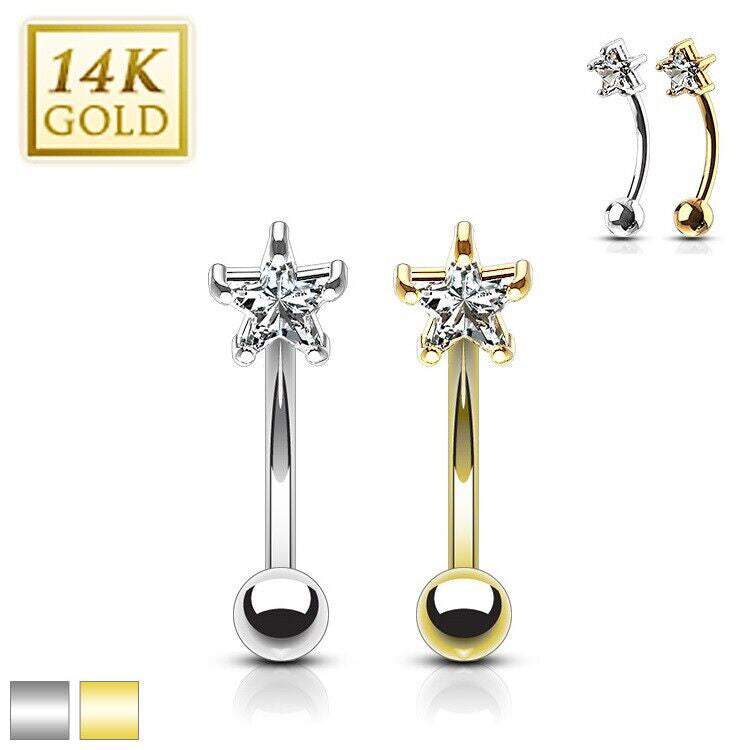 14 Karat Solid Gold Curved Barbell 16 Gauge 5/16" Eyebrow Star CZ Gem - Kruelty