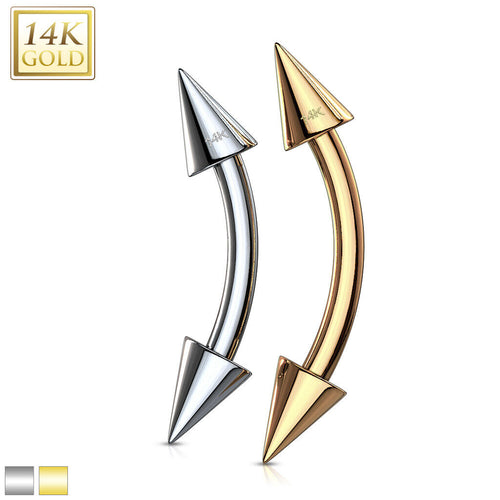 14 Karat Solid Gold Curved Barbell 16 Gauge Eyebrow Ring Spike Ends - Kruelty