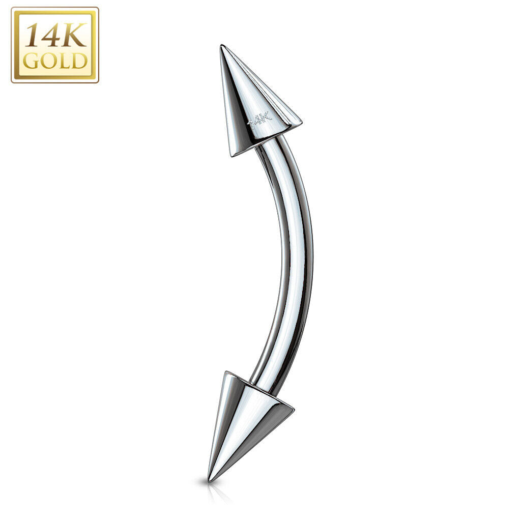 14 Karat Solid Gold Curved Barbell 16 Gauge Eyebrow Ring Spike Ends - Kruelty - Photo 3