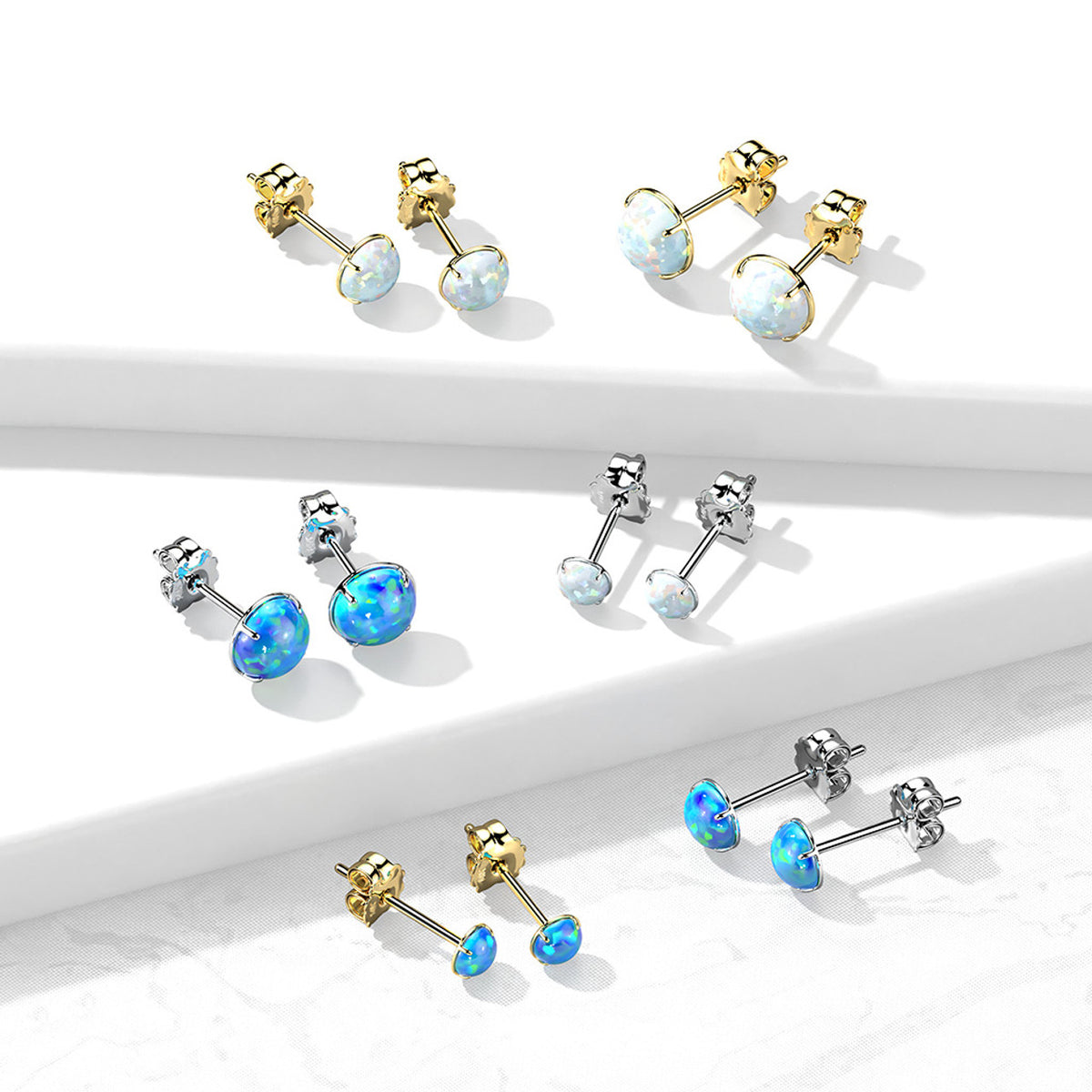 14 Karat Solid Gold Earring Stud 20 Gauge with Prong Set Opal - Pair - Kruelty - Photo 2
