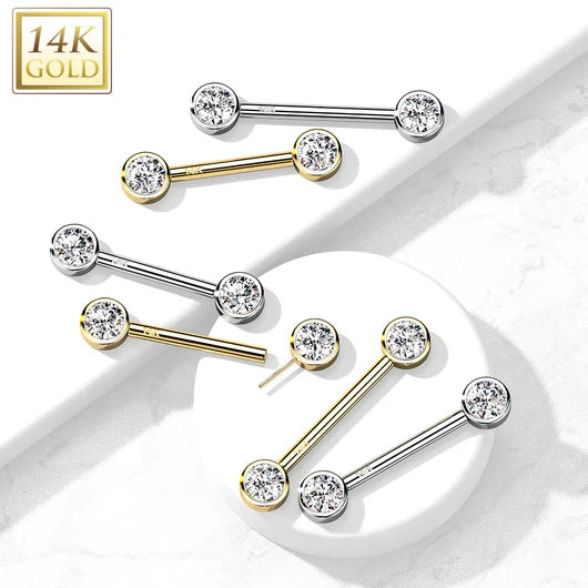 14 Karat Solid Gold Nipple Ring Barbell 14 Gauge & Threadless Round CZ