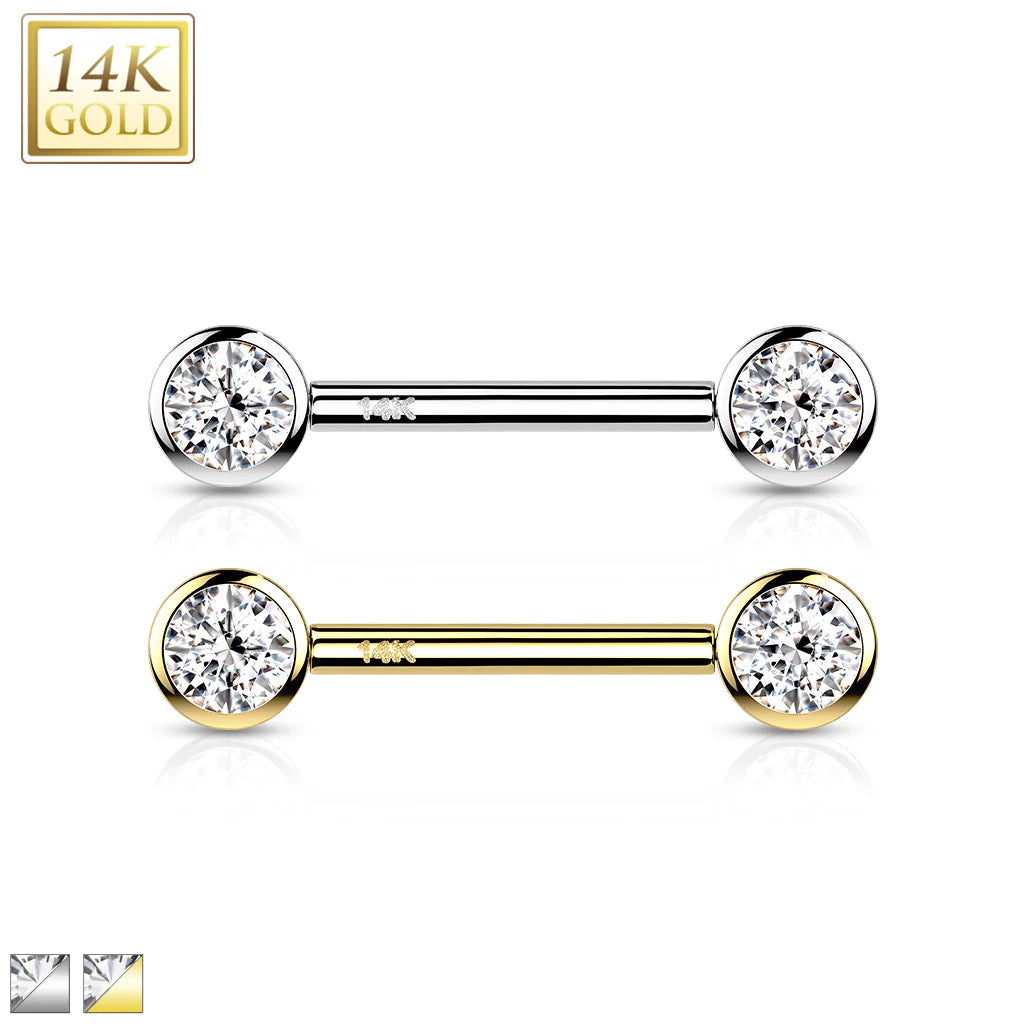 14 Karat Solid Gold Nipple Ring Barbell 14 Gauge & Threadless Round CZ