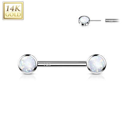 14 Karat Solid Gold Nipple Ring Barbell 14 Gauge 14 MM With Round Opal