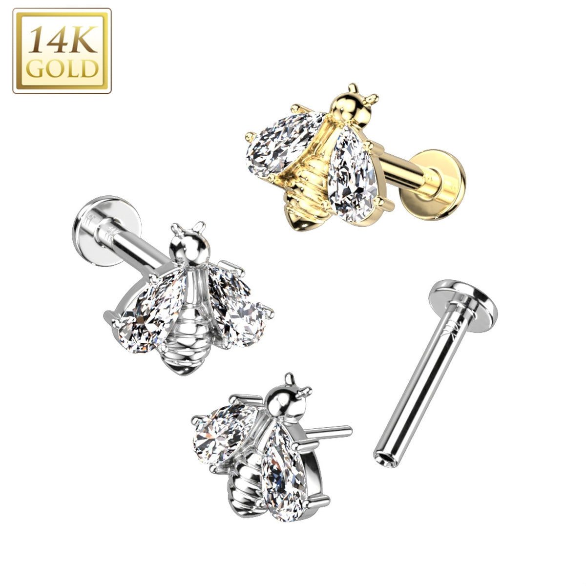 14 Karat Solid Gold Labret / Monroe Stud 18 Gauge 8 mm & Bee CZ Wings - Kruelty