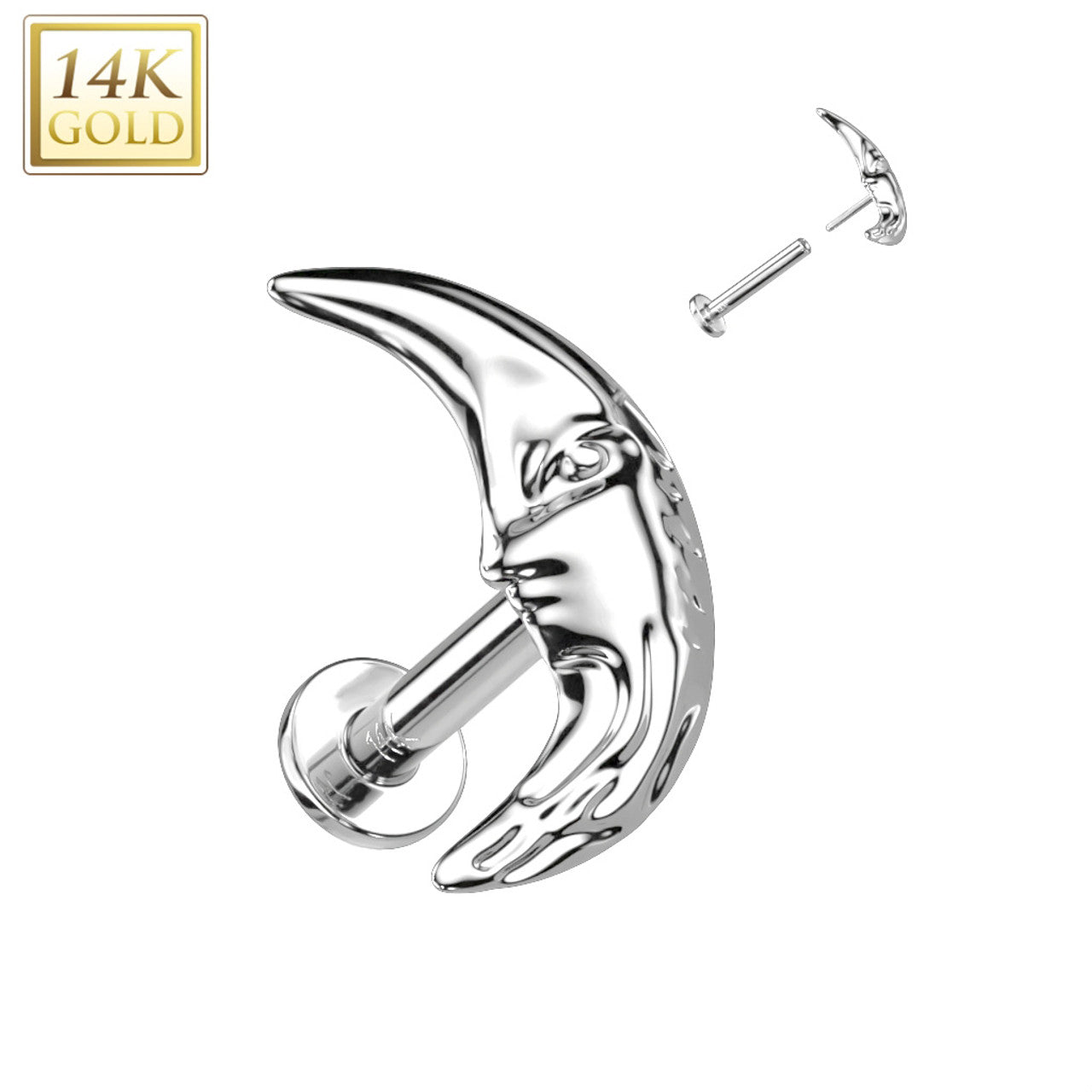 14 Karat Gold Labret / Monroe Stud 18 Gauge with Face In Crescent Moon