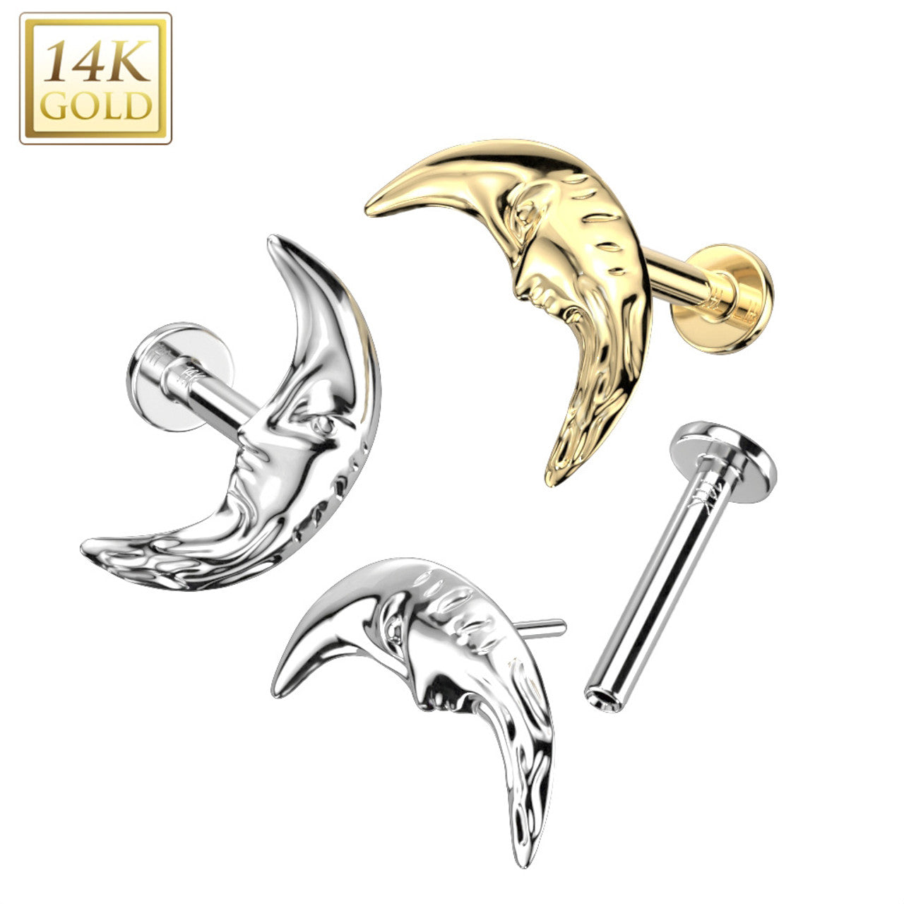 14 Karat Gold Labret / Monroe Stud 18 Gauge with Face In Crescent Moon