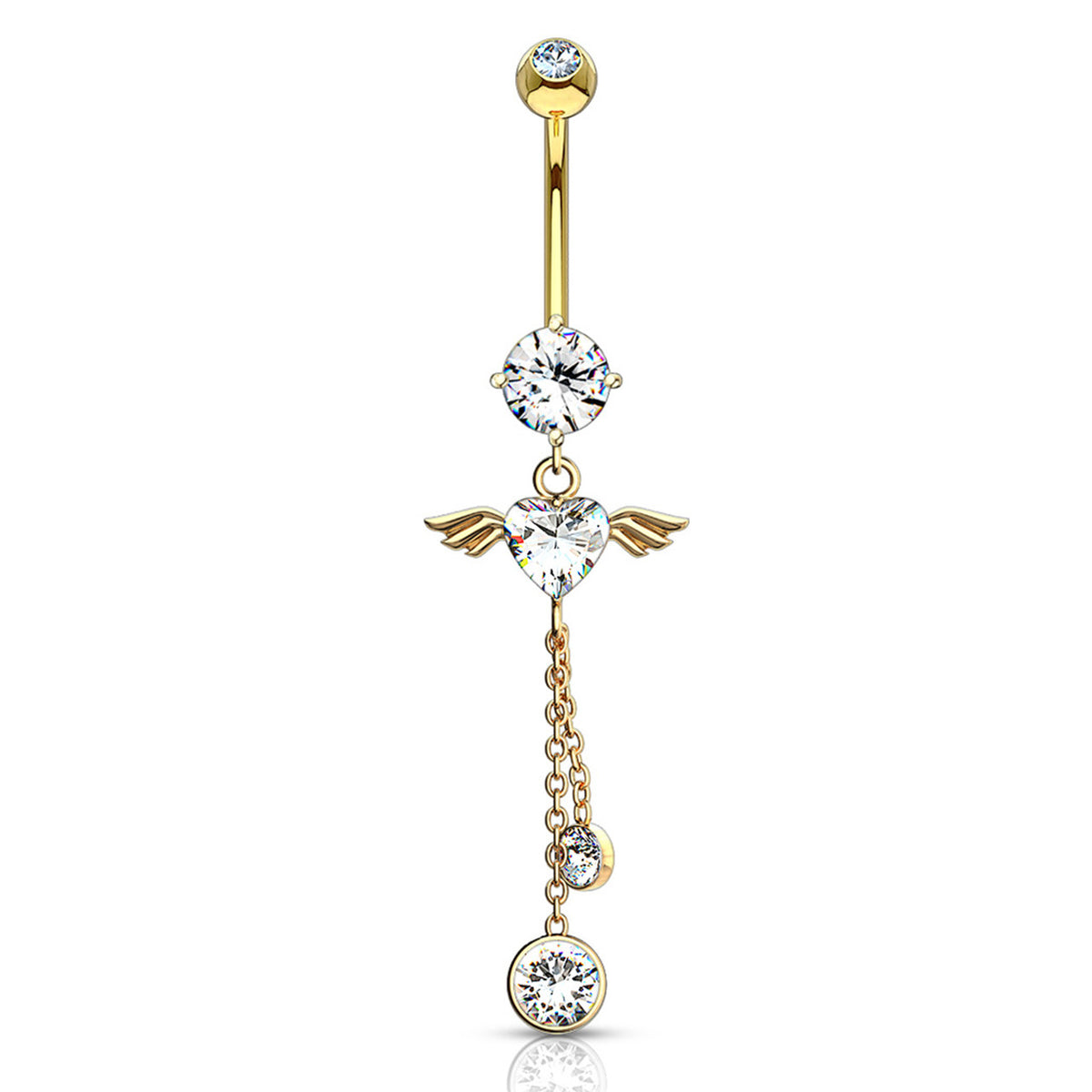 14 Karat Solid Gold Belly Ring 14 Gauge Dangle Angel Wing Heart CZ Gem - Kruelty - Photo 2