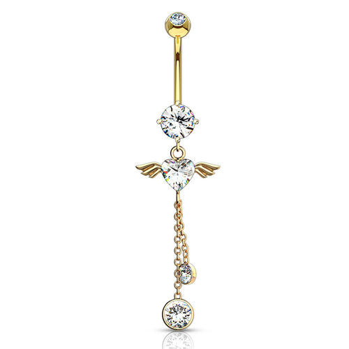 14 Karat Solid Gold Belly Ring 14 Gauge Dangle Angel Wing Heart CZ Gem - Kruelty - Photo 2