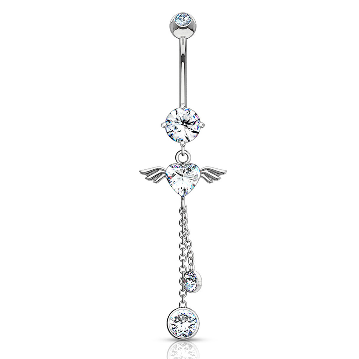 14 Karat Solid Gold Belly Ring 14 Gauge Dangle Angel Wing Heart CZ Gem - Kruelty - Photo 3
