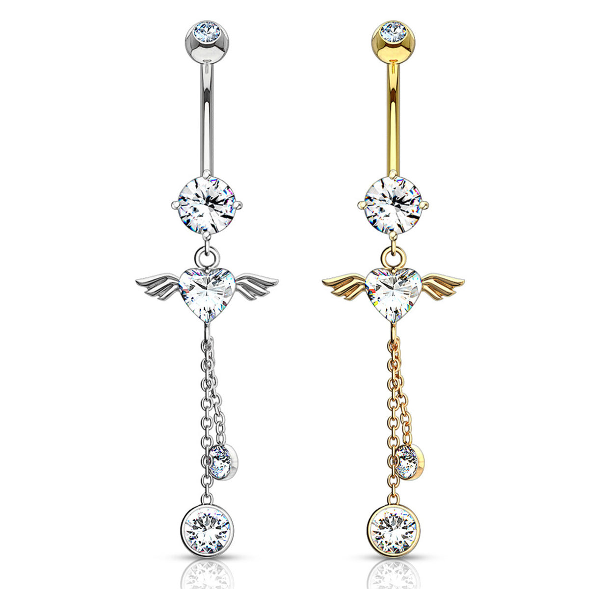 14 Karat Solid Gold Belly Ring 14 Gauge Dangle Angel Wing Heart CZ Gem - Kruelty