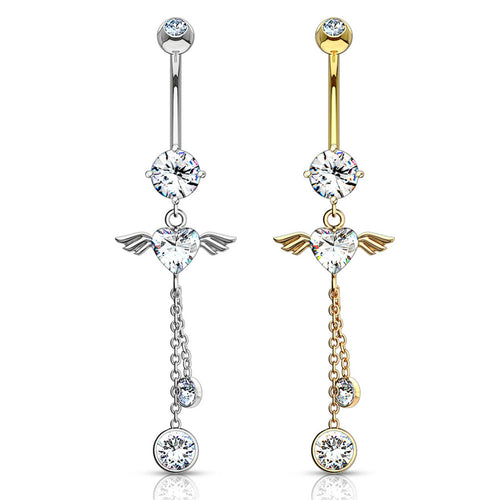 14 Karat Solid Gold Belly Ring 14 Gauge Dangle Angel Wing Heart CZ Gem - Kruelty