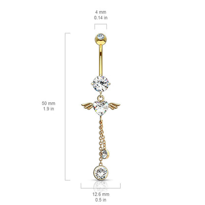 14 Karat Solid Gold Belly Ring 14 Gauge Dangle Angel Wing Heart CZ Gem