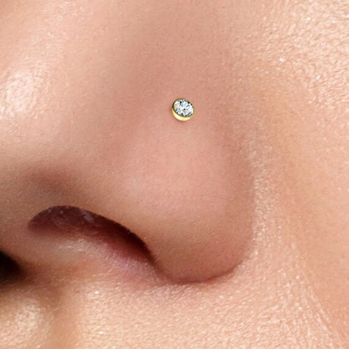 14 Karat Solid Gold Nose Bone Stud Ring 20 & 18 Gauge 1/4" - Round Gem - Kruelty - Photo 2