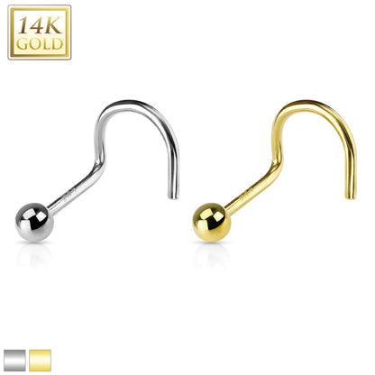 14 Karat Solid Gold Nose Ring Screw 20 & 18 Gauge 1/4" 6 MM - Ball End