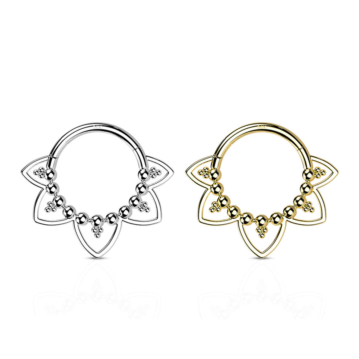 14 Karat Solid Gold Septum Clicker Hinged Hoop 16 Gauge Heart Filigree - Kruelty