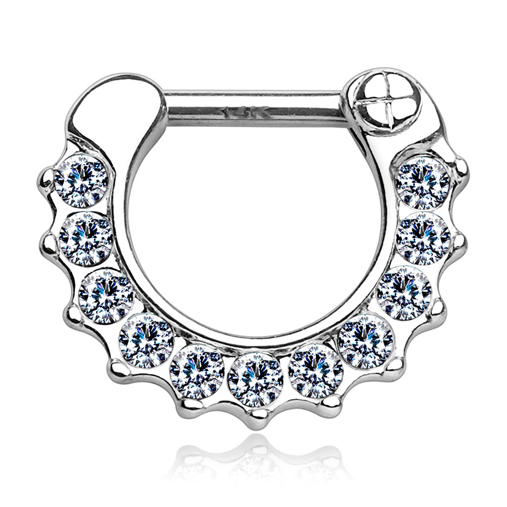 14 Karat Solid Gold Septum Clicker Hinged Ring 16 Gauge with Clear Gem - Kruelty - Photo 4