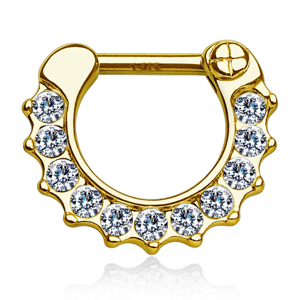 14 Karat Solid Gold Septum Clicker Hinged Ring 16 Gauge with Clear Gem - Kruelty - Photo 5