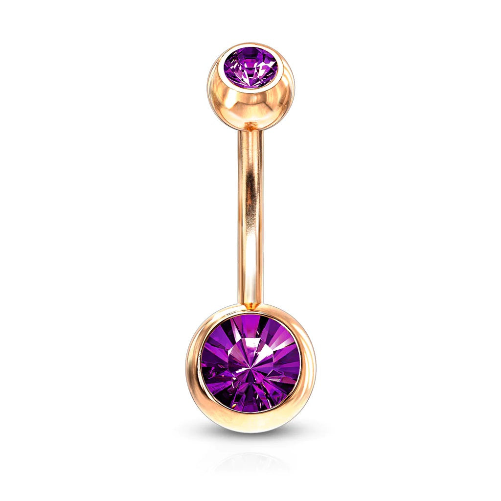 Surgical Steel Belly Ring 14 Gauge Rose Gold IP with Double CZ Gems - Kruelty - Photo 2