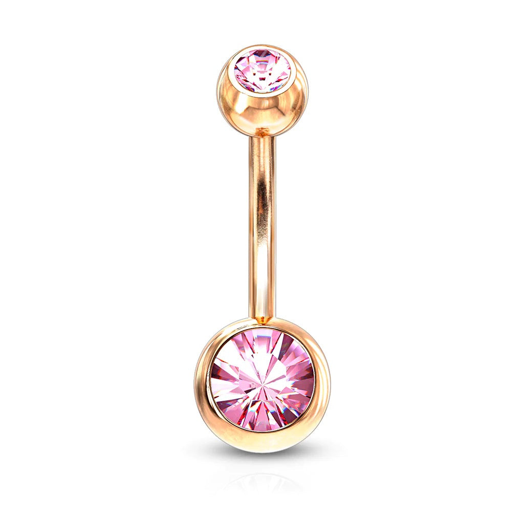 Surgical Steel Belly Ring 14 Gauge Rose Gold IP With Double CZ Gems