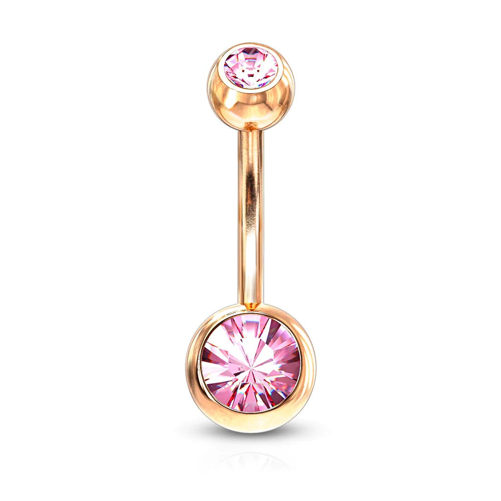 Surgical Steel Belly Ring 14 Gauge Rose Gold IP with Double CZ Gems - Kruelty - Photo 7