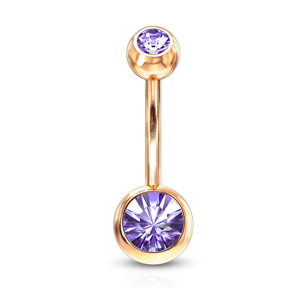 Surgical Steel Belly Ring 14 Gauge Rose Gold IP with Double CZ Gems - Kruelty - Photo 11
