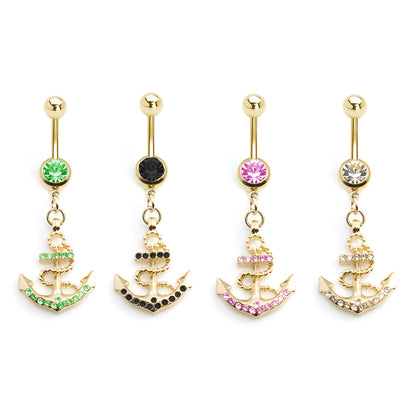 Gold Ion Plated Surgical Steel 14 Gauge Belly Ring with CZ Anchor