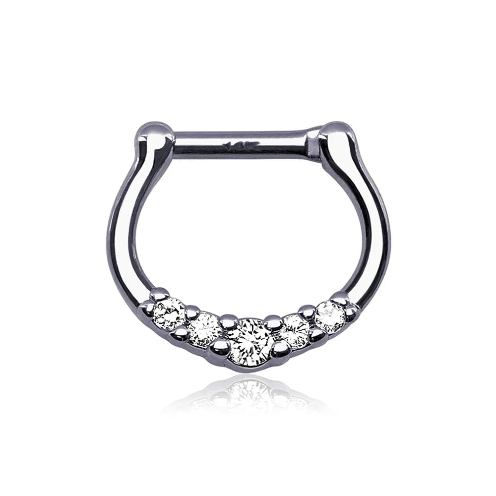 14 Karat Solid Gold Septum Clicker Hinged Ring 16 Gauge 5 Gems - Kruelty - Photo 3