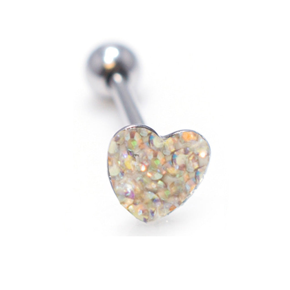 Surgical Steel Tongue Ring Barbell 14 Gauge 5/8" Epoxy Paved Gem Heart