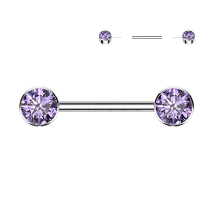 Titanium Nipple Ring Barbell 14 Gauge Threadless & Front Facing CZ Gem